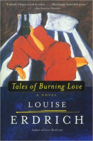 The cover of Tales of Burning Love shows a painted human figure in red lounging on a blue and white striped bed. Where the figure's head would be is instead a black cat. 